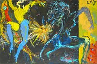 Tanz mit Fischen, 1989, �l auf Hartfaser, 33 x 53 cm